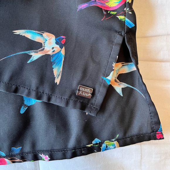 Monk & Lou Multi Bird Print Sleeveless Shawl Collar Blouse XXS Black - Picture 8 of 16